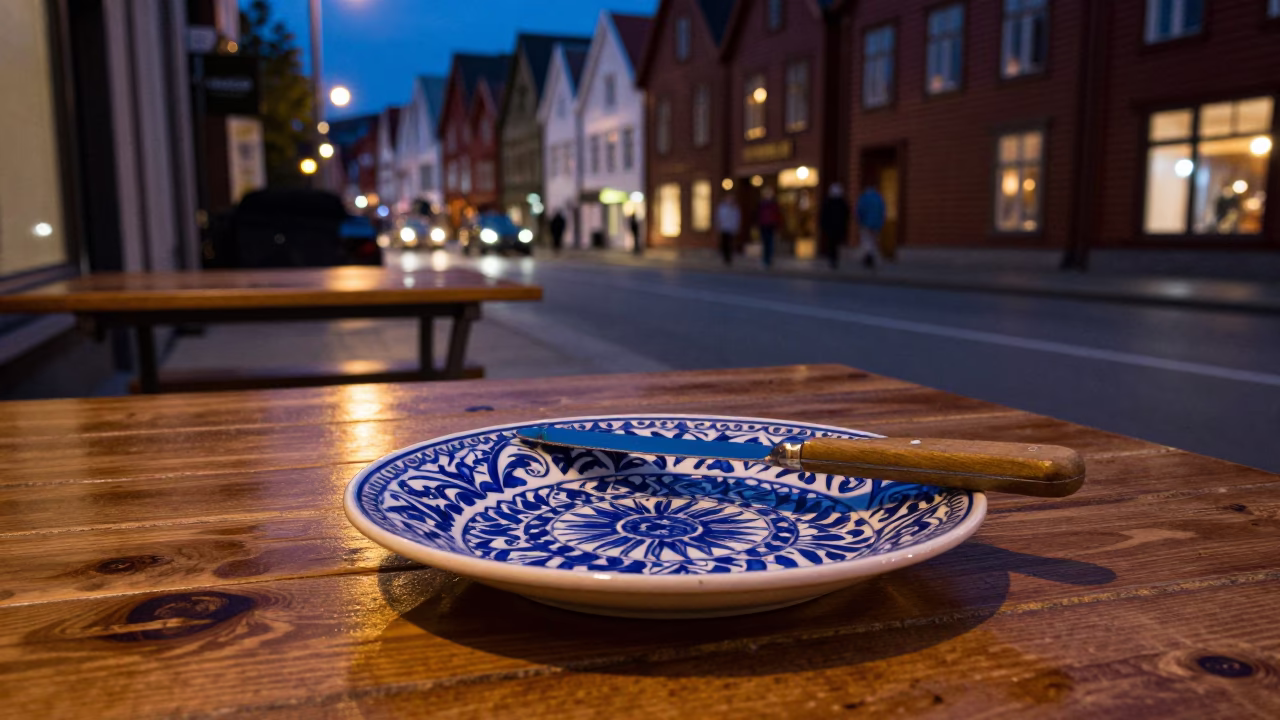 Midnight Street Scene in Bergen Norway with Vintage Majolica Plate and Butter Knife in in Bergen, Norway