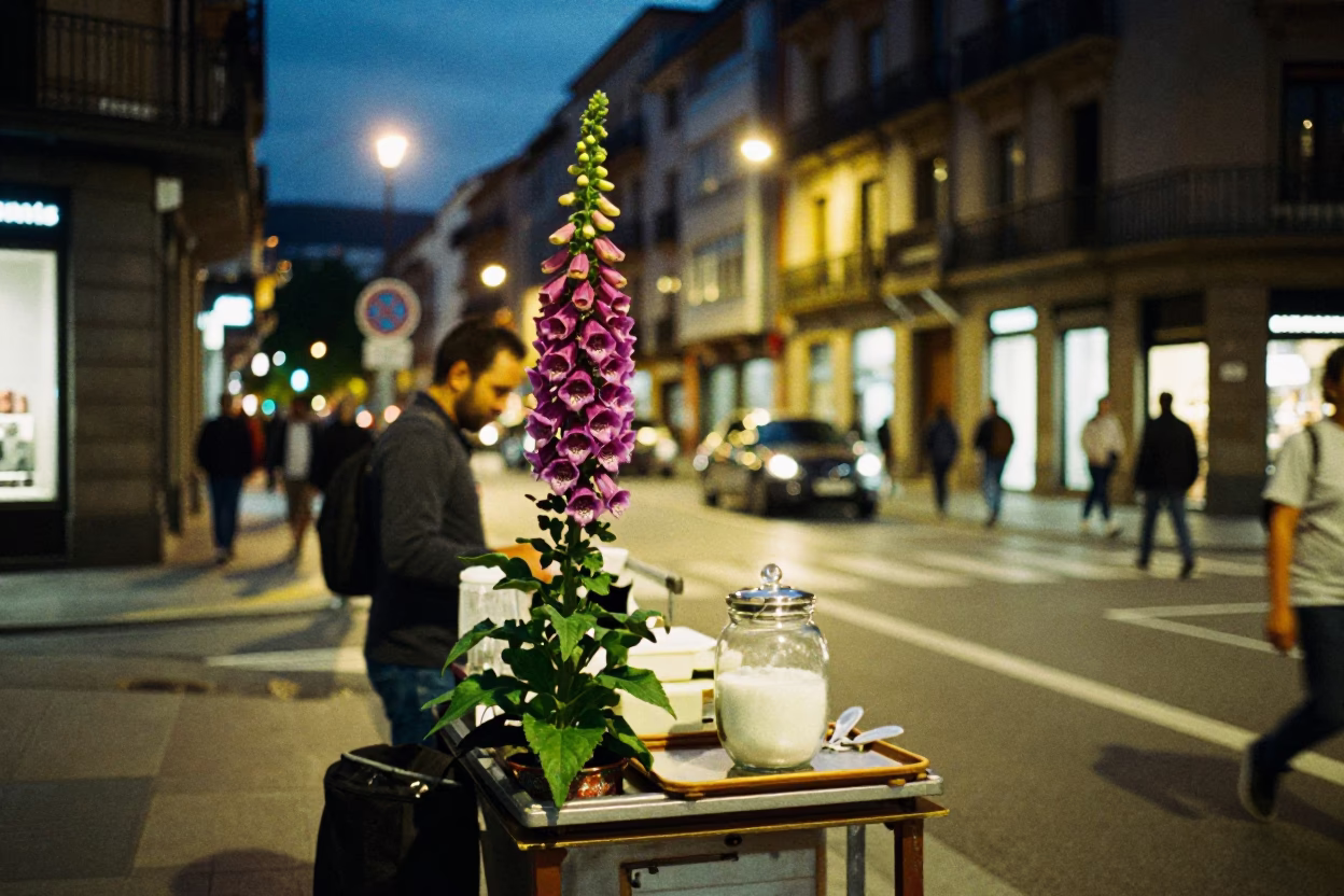 Midnight Street Scene in Bilbao Spain with Foxglove and Urban Details in in Bilbao, Spain