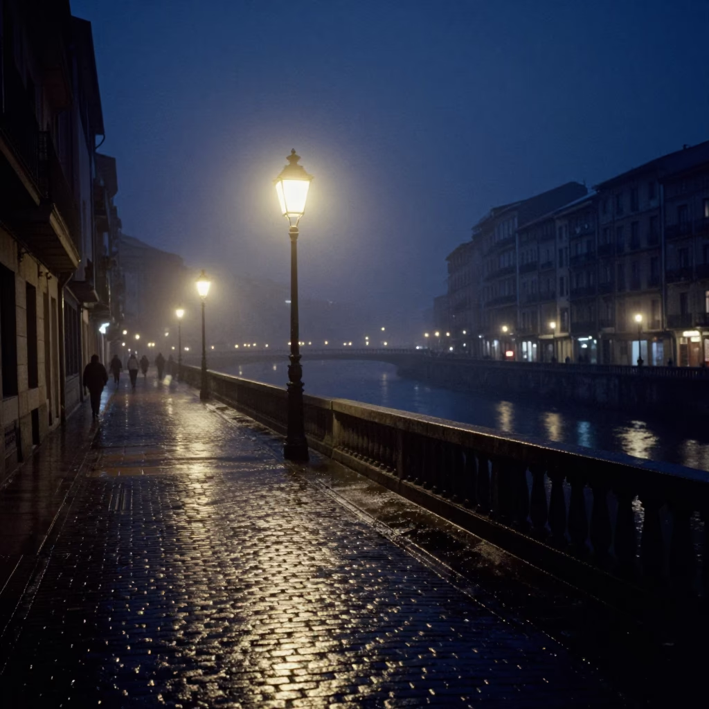 Midnight Street Scene in Bilbao Spain with Glowing Lantern and River View in in Bilbao, Spain