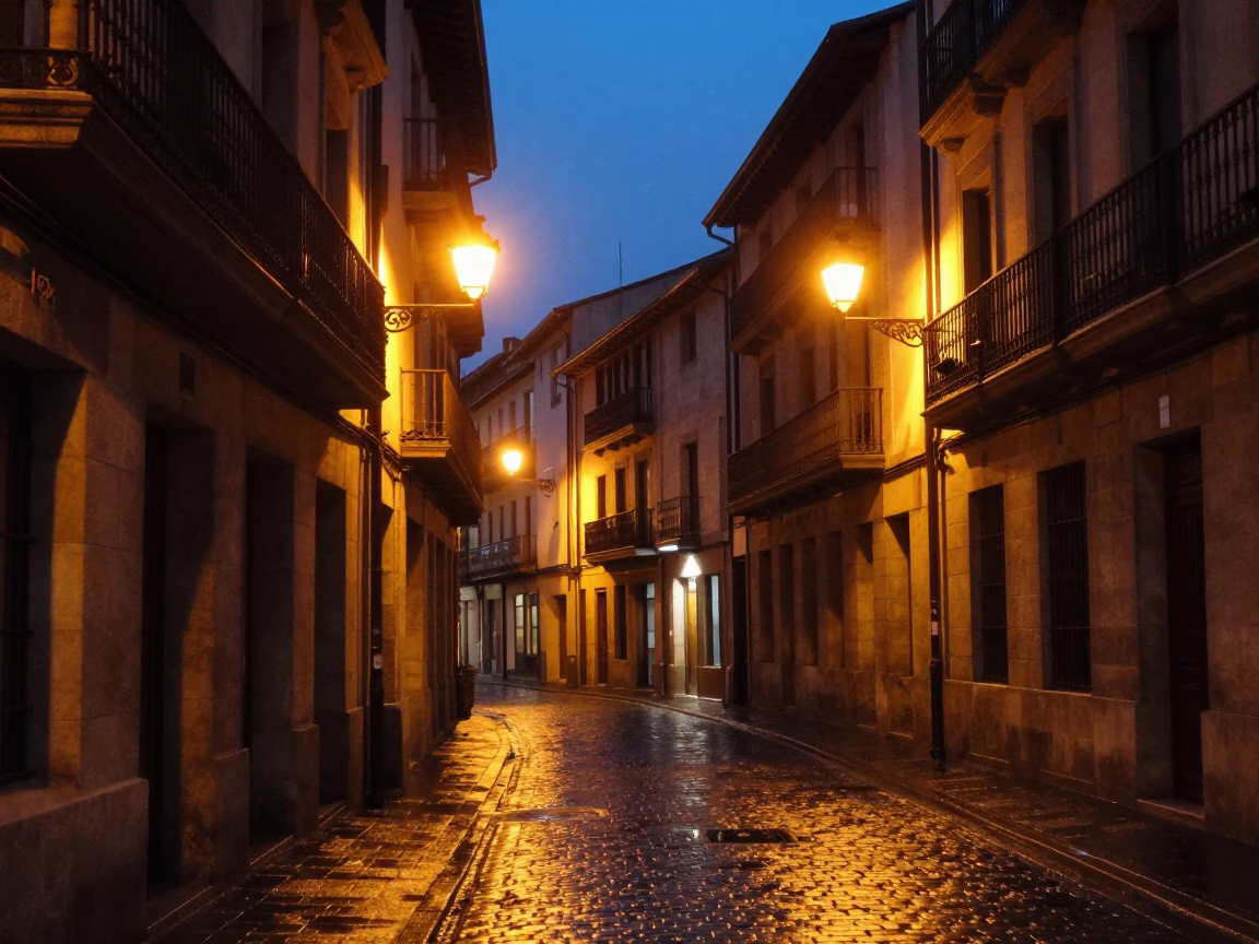 Midnight street scene in Bilbao Spain with historic architecture and quiet urban atmosphere in in Bilbao, Spain