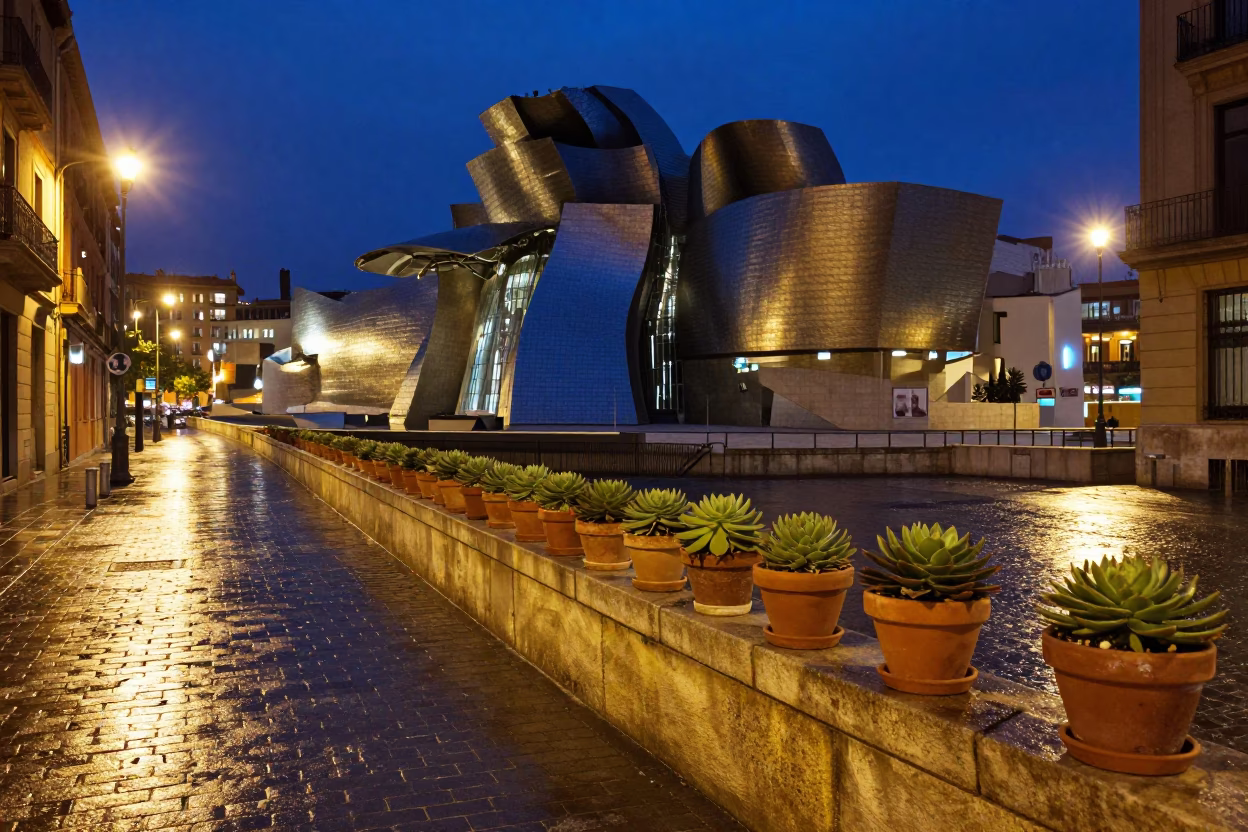 Midnight Street Scene in Bilbao Spain with Urban Details and Local Architecture in in Bilbao, Spain