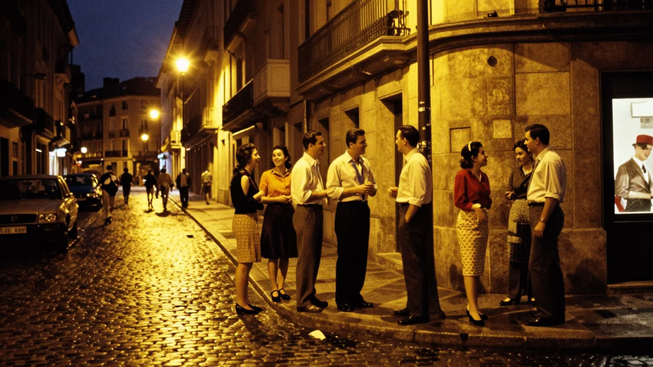 Midnight Street Scene in Bilbao Spain with Vintage 1950s Charm and Local Life in in Bilbao, Spain