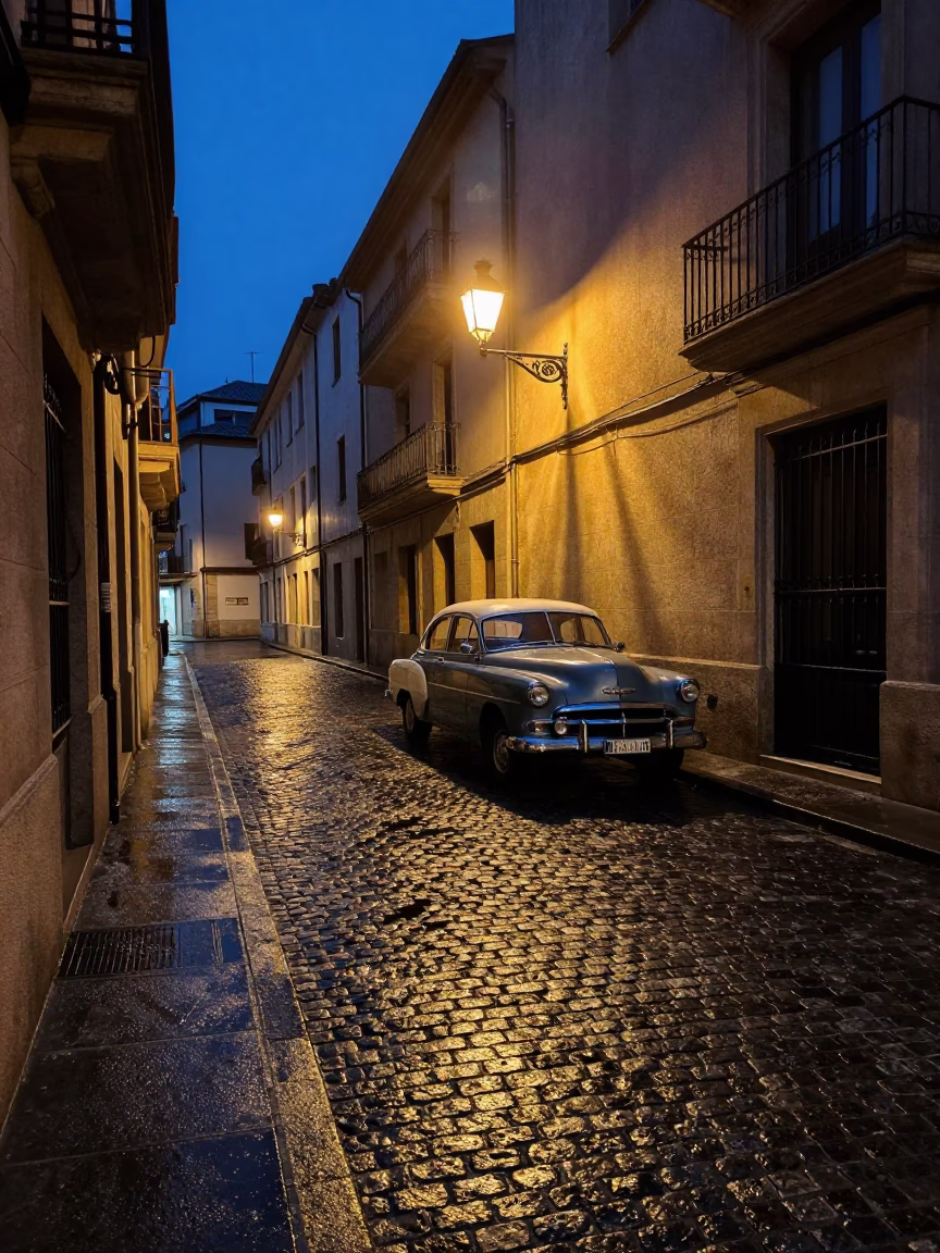 Midnight Street Scene in Bilbao Spain with Vintage Car and Cobblestone Alley in in Bilbao, Spain