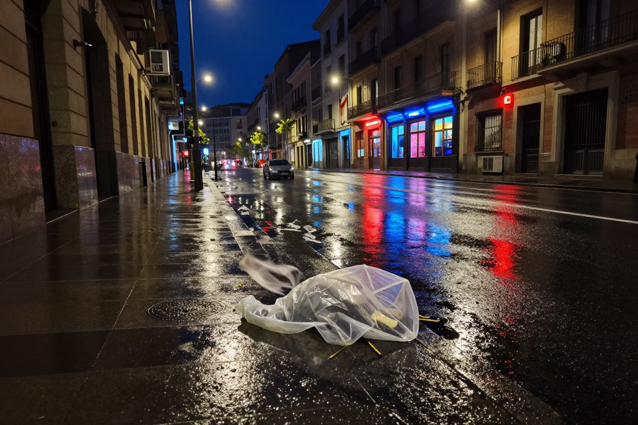 Midnight Street Scene in Bilbao Spain with Wet Asphalt and Ambient City Lights in in Bilbao, Spain