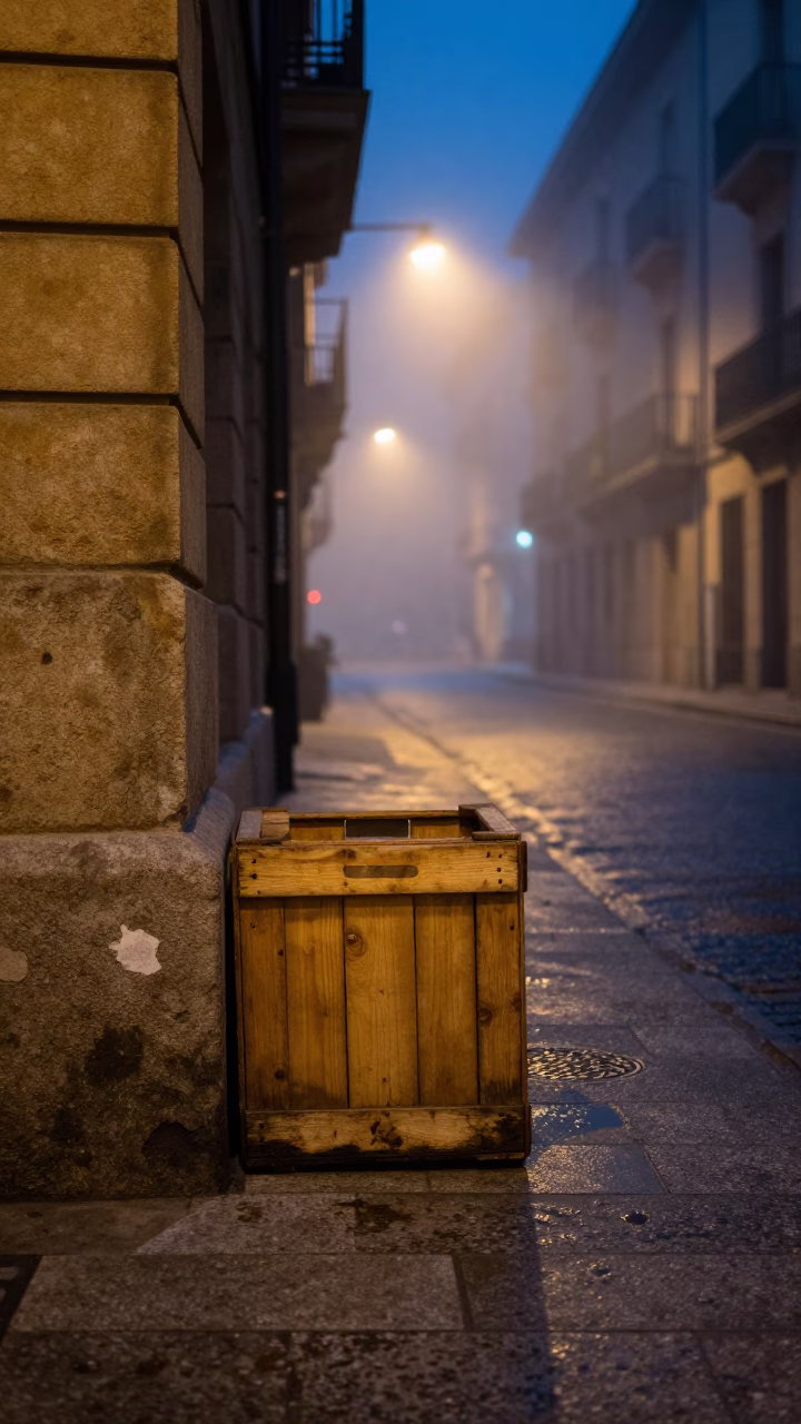 Midnight street scene in Bilbao Spain with wooden crate and foggy atmosphere in in Bilbao, Spain