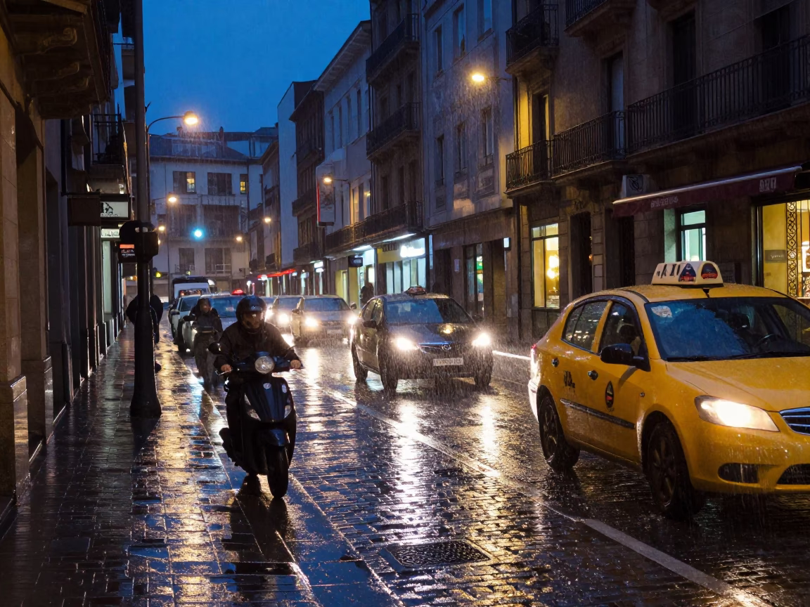 Midnight Street Scene in Bilbao Spain with Yellow Taxi and Rain in in Bilbao, Spain