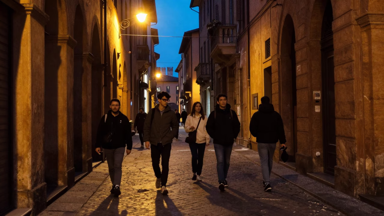 Midnight Street Scene in Bologna Italy Featuring University Students and Taper Candle in in Bologna, Italy