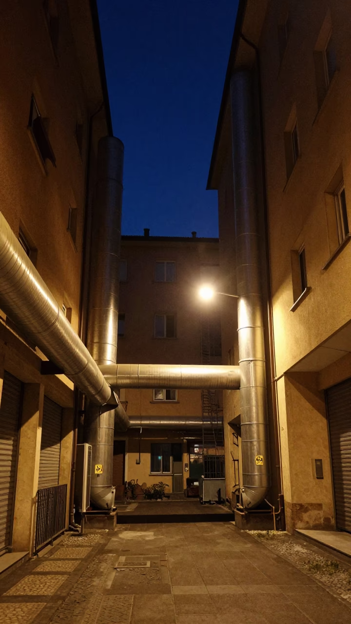 Midnight street scene in Bologna Italy with district heating pipes and concrete apartment blocks in in Bologna, Italy