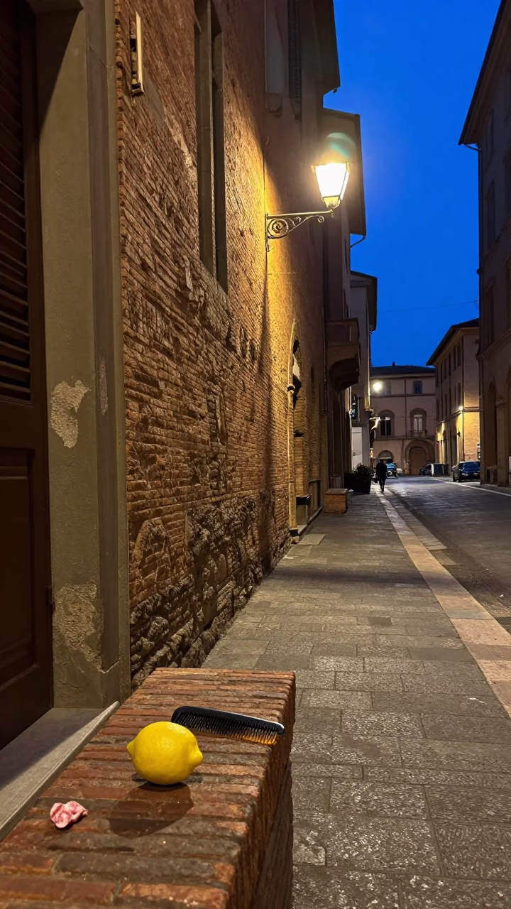 Midnight Street Scene in Bologna Italy with Hair Comb and Lemon Peels in in Bologna, Italy