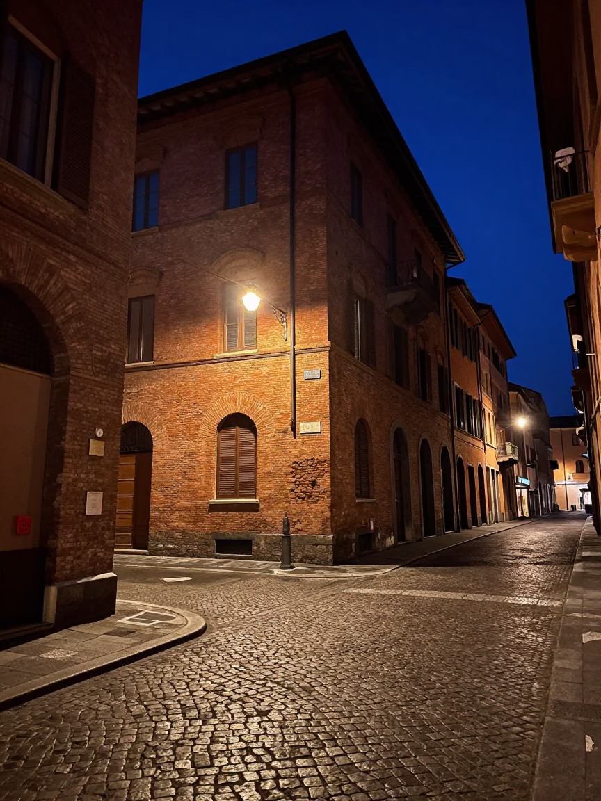 Midnight street scene in Bologna Italy with historic architecture and urban lighting in in Bologna, Italy