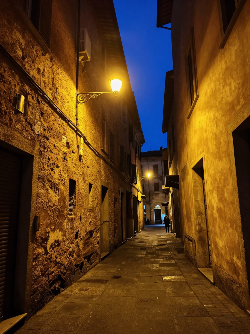 Midnight Street Scene in Bologna Italy with Rust and Urban Decay in in Bologna, Italy