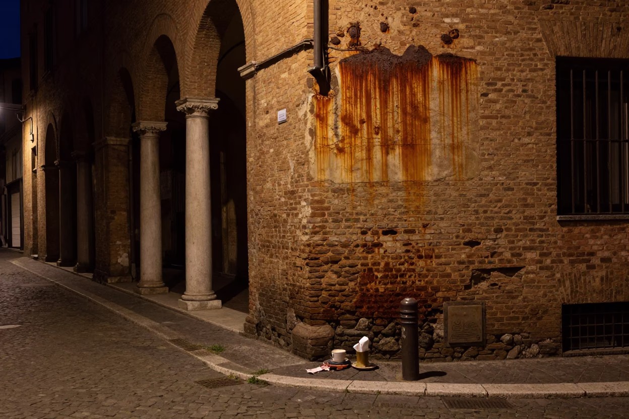 Midnight Street Scene in Bologna Italy with Rusty Wall and Coffee Tin in in Bologna, Italy