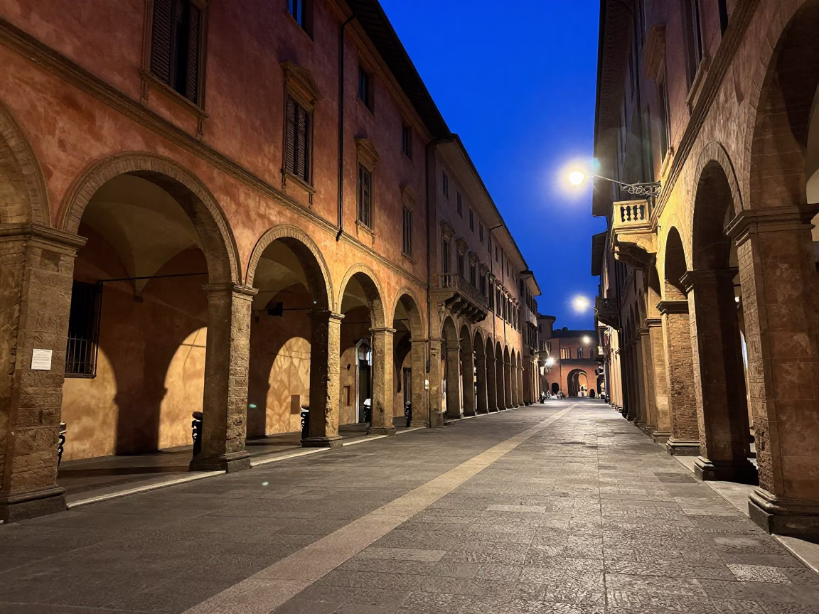 Midnight Street Scene in Bologna Italy With Stone Architecture And Late Night Activity in in Bologna, Italy