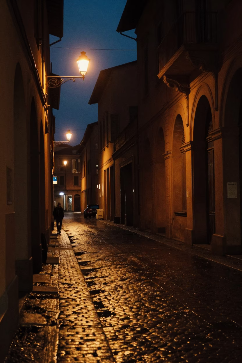 Midnight Street Scene in Bologna Italy with Vintage 1970s Aesthetic and Local Elements in in Bologna, Italy