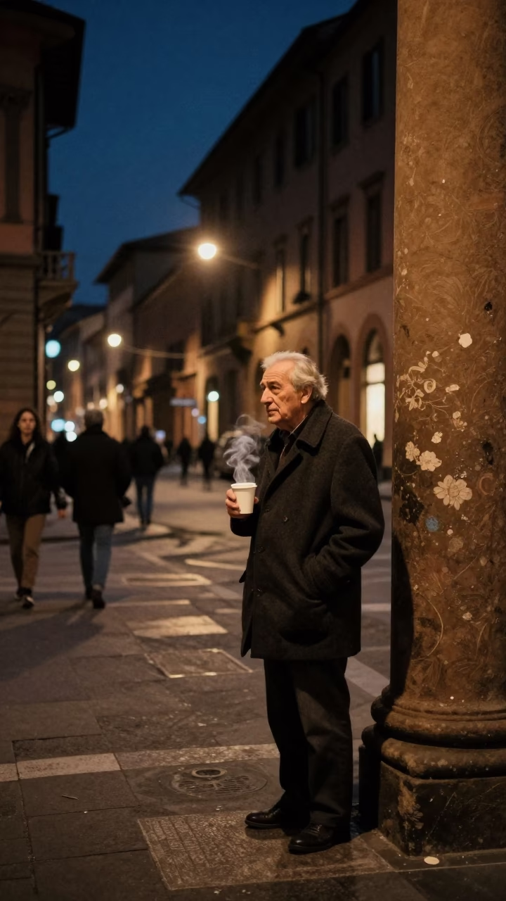 Midnight Street Scene in Bologna Italy with Vintage 1980s Aesthetic and Local Life in in Bologna, Italy