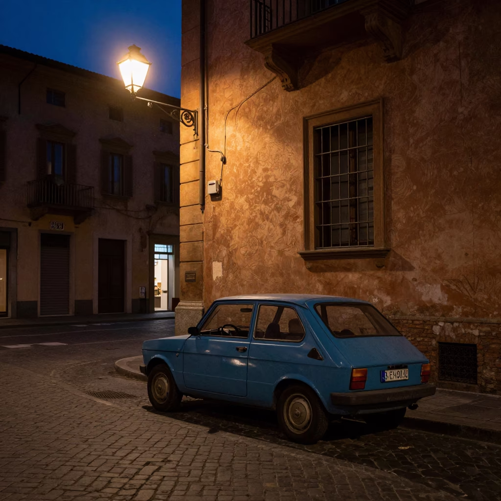 Midnight Street Scene in Bologna Italy with Vintage 1980s Aesthetic and Urban Details in in Bologna, Italy