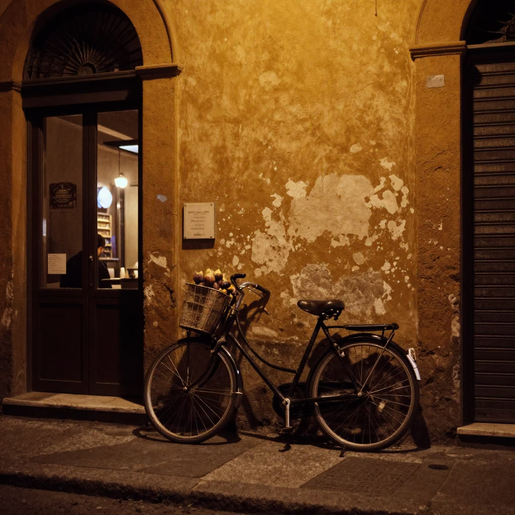 Midnight Street Scene in Bologna Italy with Vintage Bicycle and Fig Tree in in Bologna, Italy