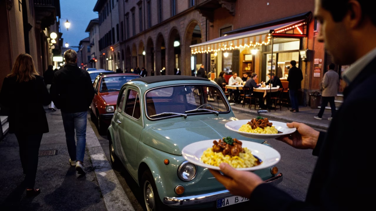 Midnight Street Scene in Bologna Italy with Vintage Car and Neon Lights in in Bologna, Italy