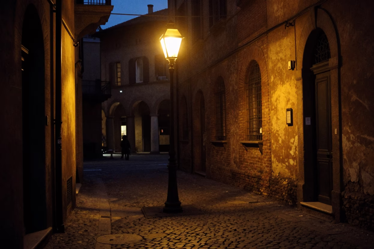 Midnight Street Scene in Bologna Italy with Vintage Floor Lamp and Thermometer in in Bologna, Italy