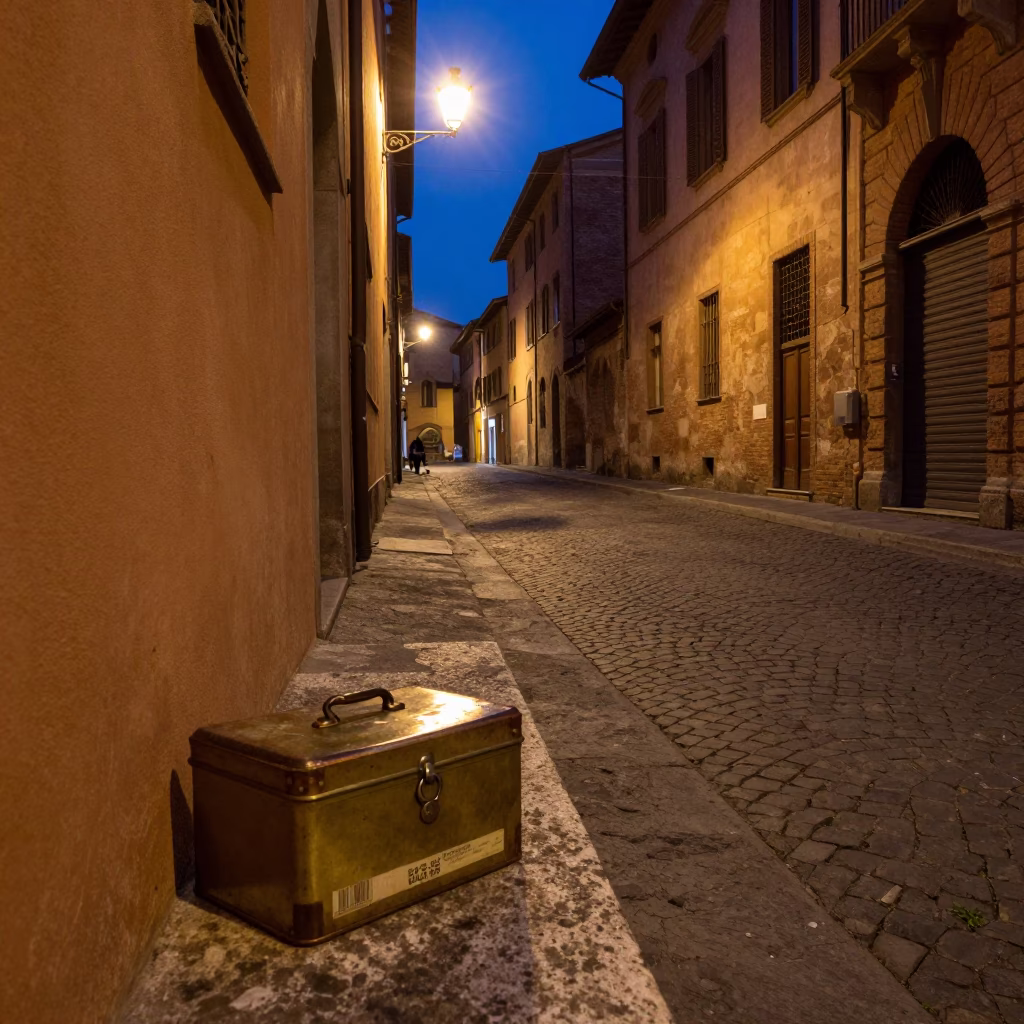 Midnight Street Scene in Bologna Italy with Vintage Tin Box and Wash Basin in in Bologna, Italy