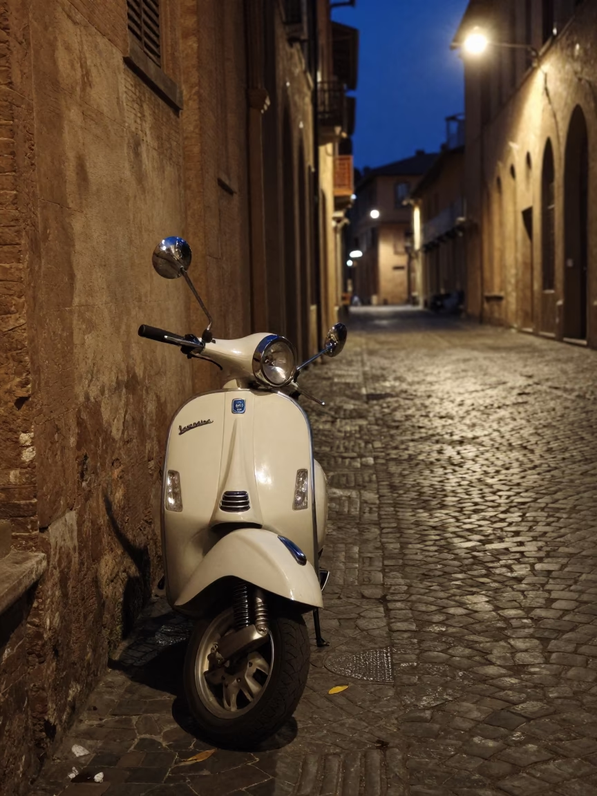 Midnight Street Scene in Bologna Italy with Vintage Vespa and Cobblestone Architecture in in Bologna, Italy