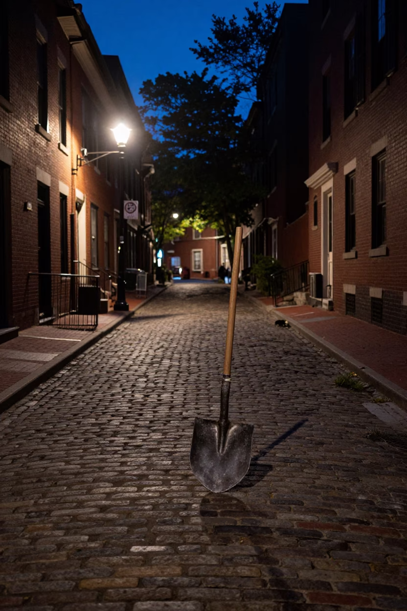 Midnight Street Scene in Boston Massachusetts with Ash Shovel and Urban Details in in Boston, Massachusetts, United States