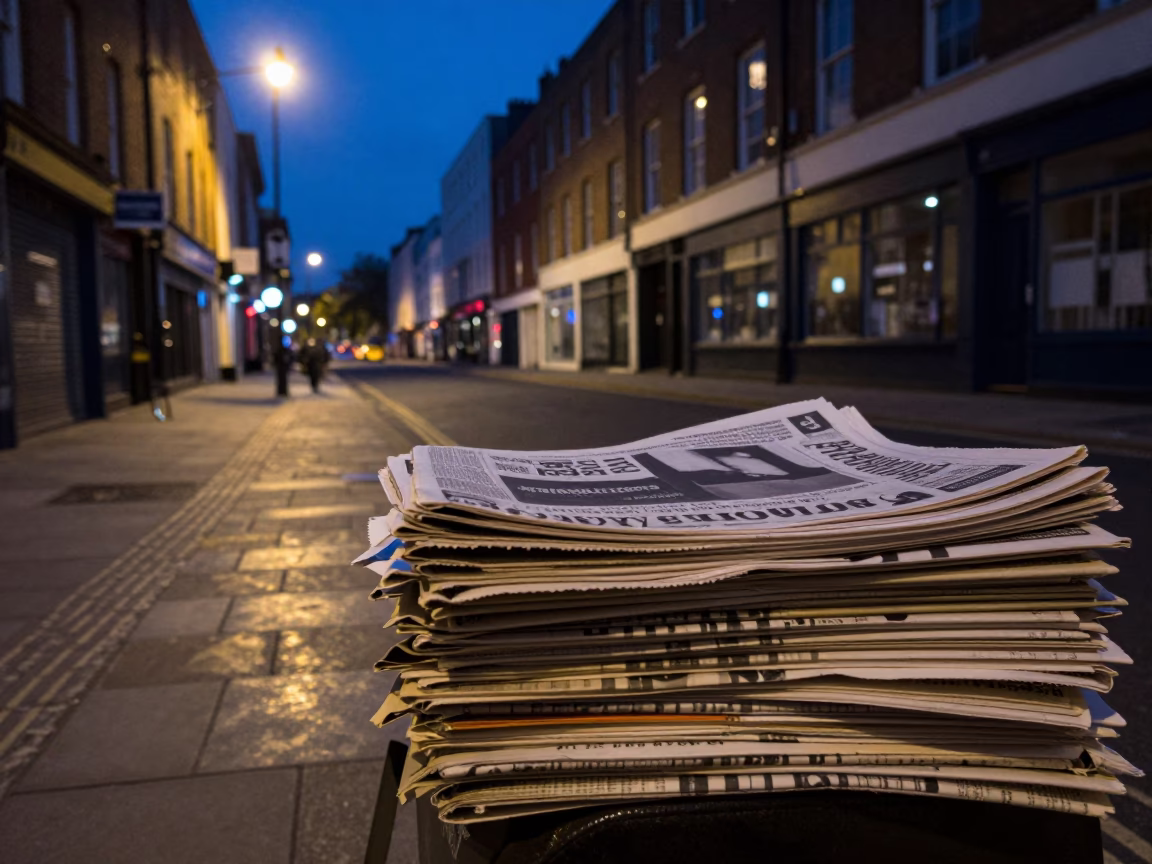 Midnight street scene in Bristol UK with newspaper stack and narrowboat in in Bristol, United Kingdom