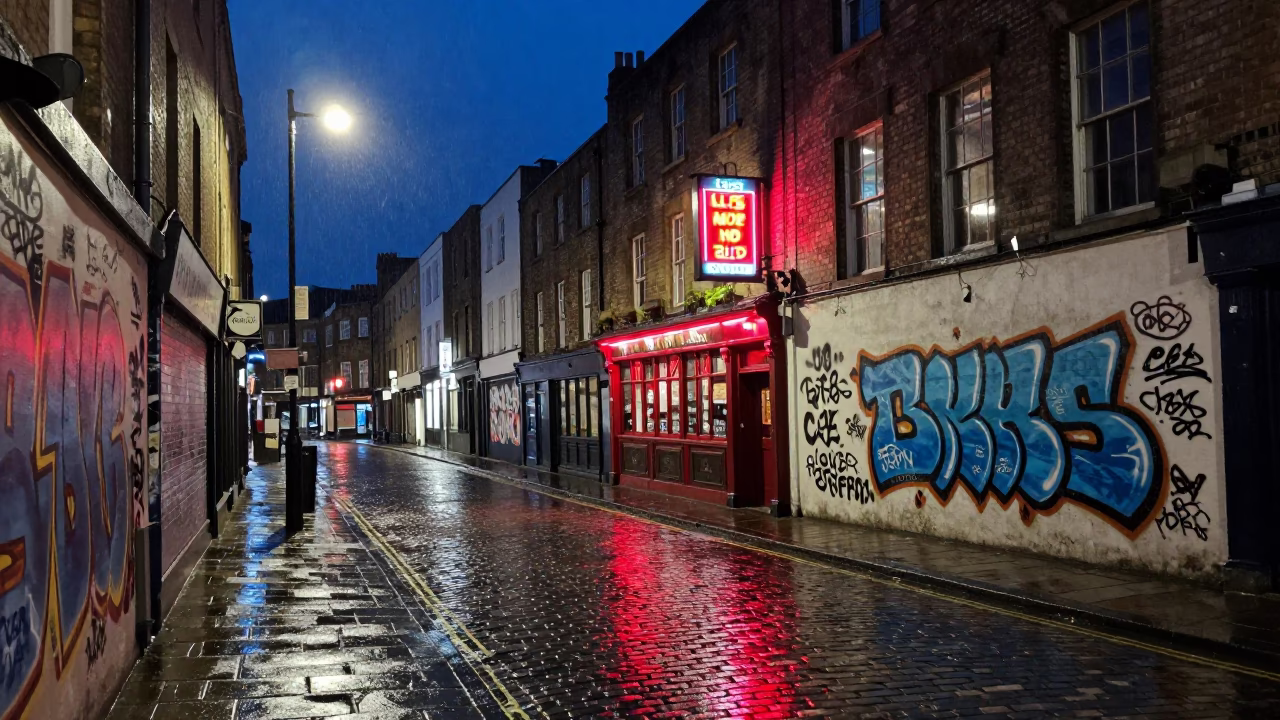 Midnight Street Scene in Bristol UK with Vintage Graffiti and Neon Signs in in Bristol, United Kingdom