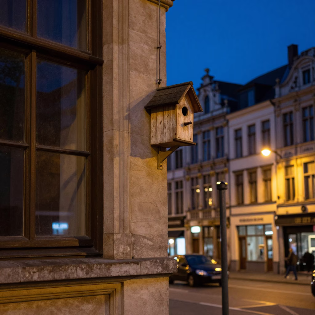 Midnight Street Scene in Brussels Belgium with Birdhouse and Urban Architecture in in Brussels, Belgium