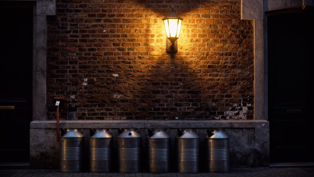 Midnight Street Scene in Brussels Belgium with Canisters and Wall Sconce in in Brussels, Belgium
