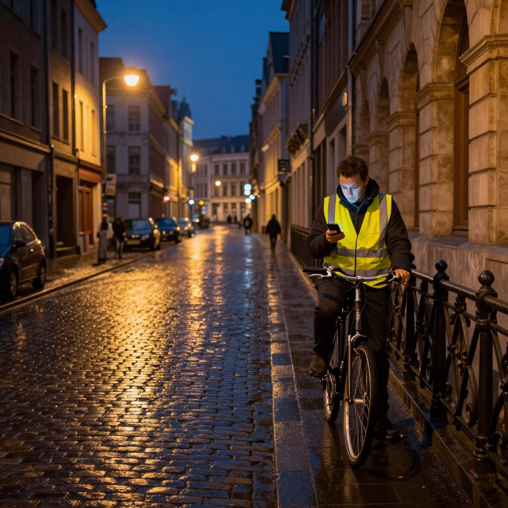 Midnight Street Scene in Brussels Belgium with Cobblestones and Urban Details in in Brussels, Belgium