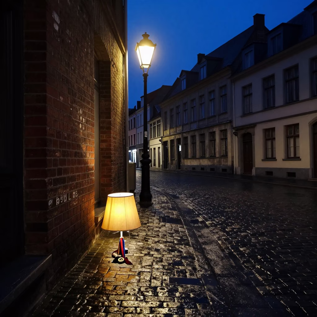 Midnight Street Scene in Brussels Belgium with Lampshade and Medal Ribbon in in Brussels, Belgium
