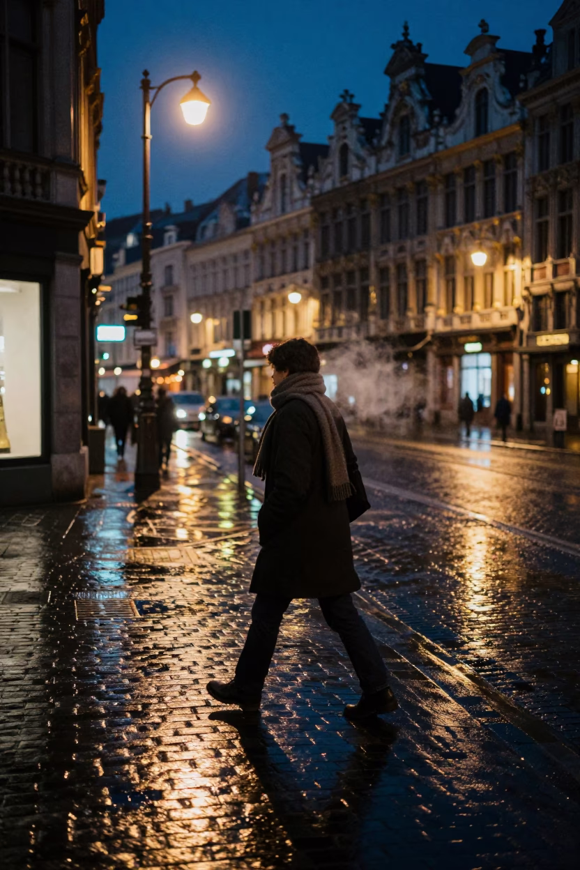 Midnight street scene in Brussels Belgium with wet cobblestones and glowing cafe windows in in Brussels, Belgium
