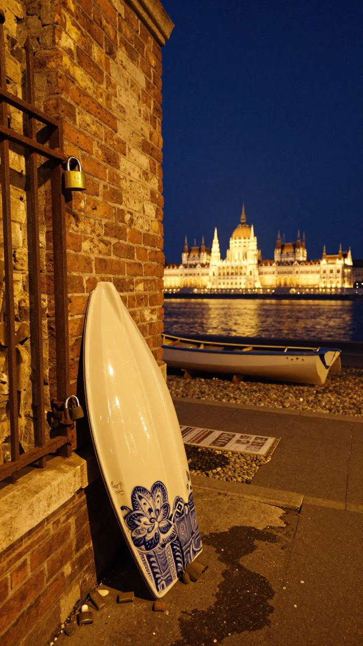 Midnight Street Scene in Budapest Hungary with Glazed Ceramic and Padlock Details in in Budapest, Hungary