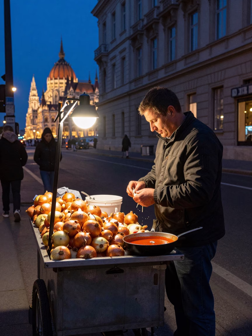 Midnight Street Scene in Budapest Hungary with Onions and Saucepan in in Budapest, Hungary