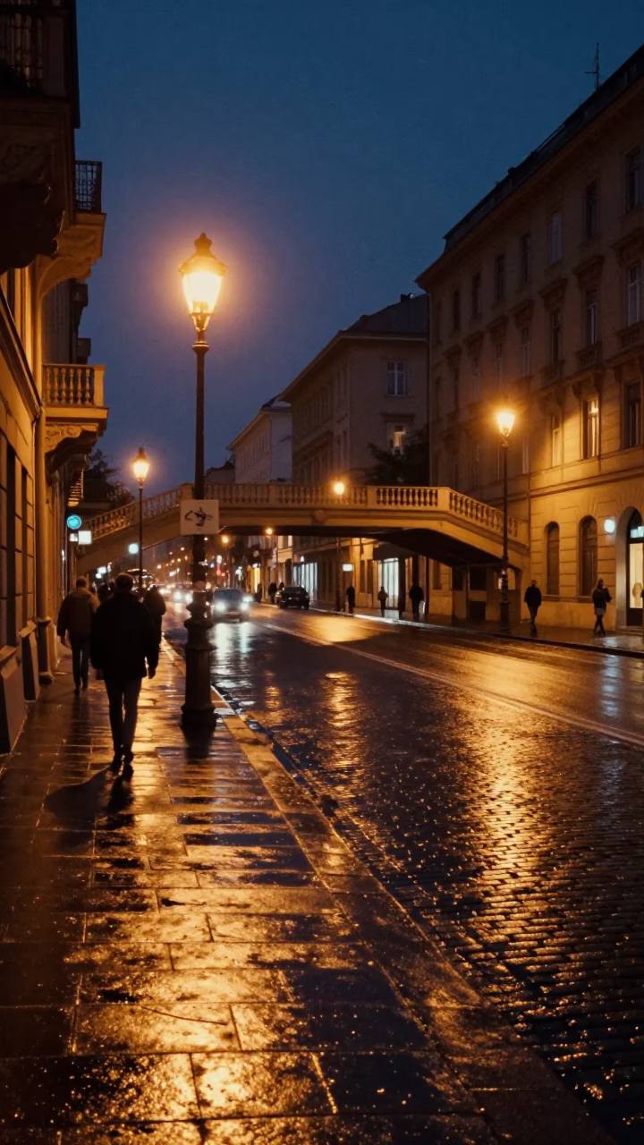 Midnight Street Scene in Budapest Hungary with Pedestrian Overpass and Wet Footsteps in in Budapest, Hungary