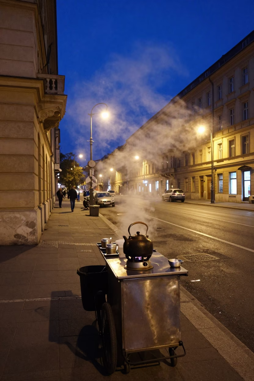 Midnight Street Scene in Budapest Hungary with Steam Haze and Urban Details in in Budapest, Hungary