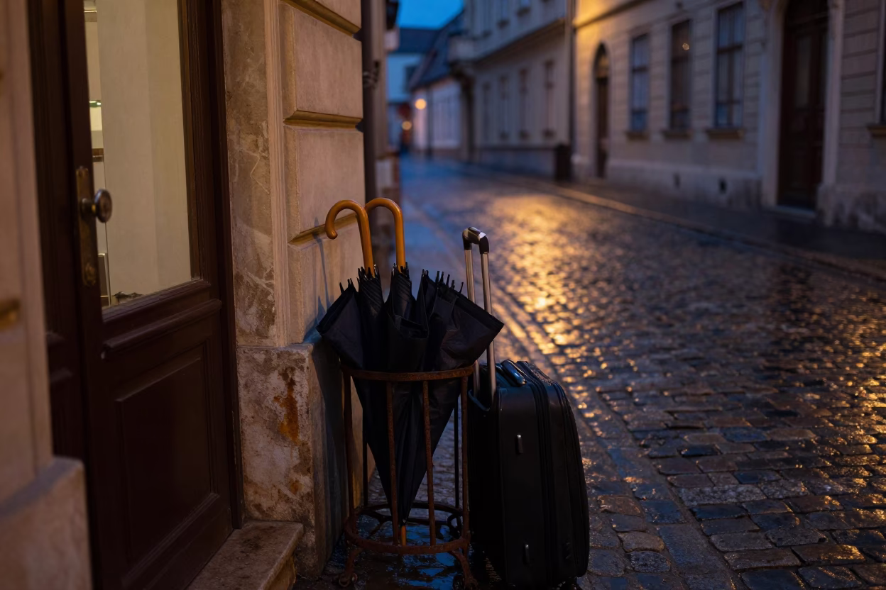 Midnight Street Scene in Budapest Hungary with Umbrella Stand and Suitcases in in Budapest, Hungary