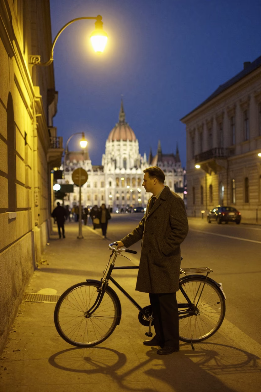 Midnight Street Scene in Budapest Hungary with Vintage 1950s Aesthetic and Urban Details in in Budapest, Hungary