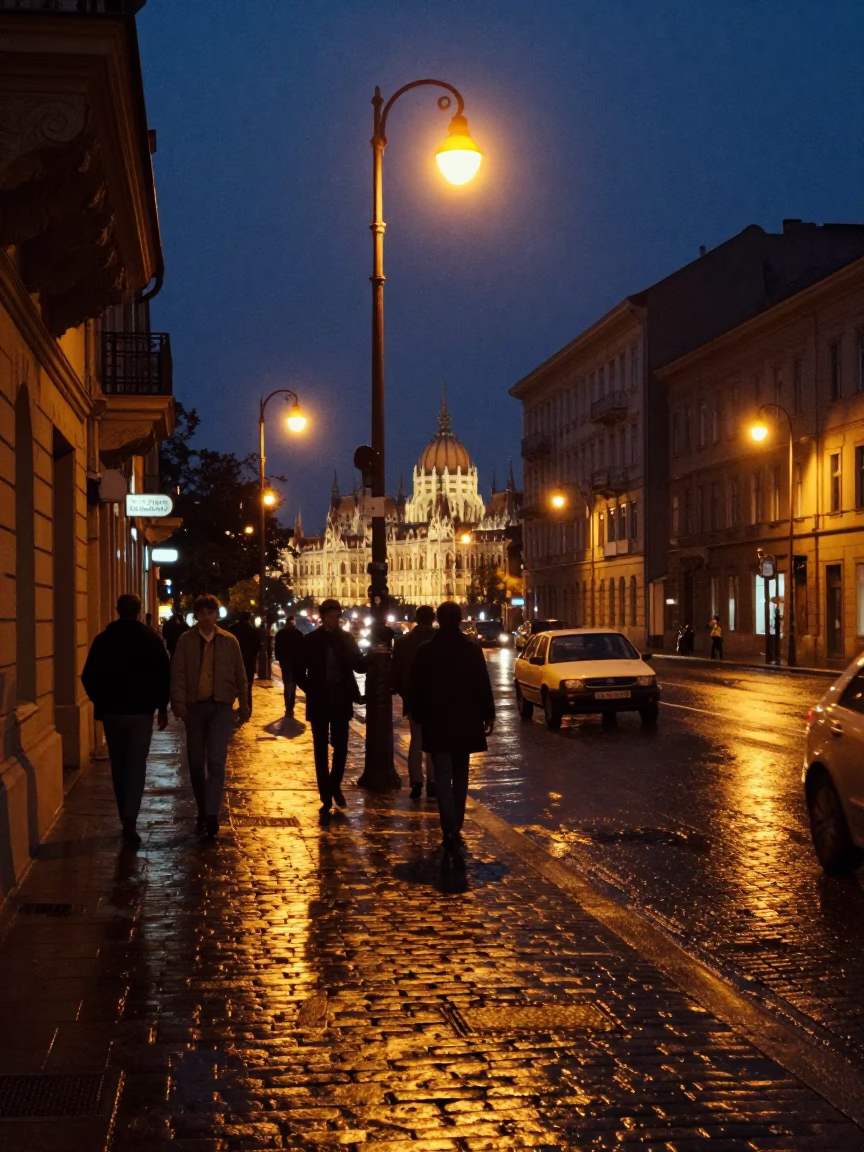 Midnight Street Scene in Budapest Hungary with Vintage 1970s Atmosphere and Local Details in in Budapest, Hungary