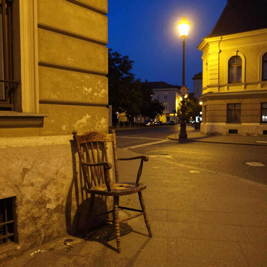 Midnight Street Scene in Budapest Hungary with Vintage Spindle Chair and Urban Details in in Budapest, Hungary