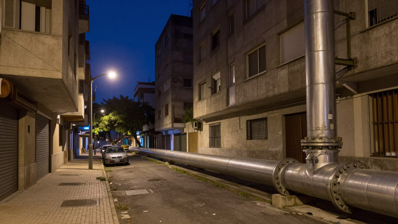 Midnight Street Scene in Buenos Aires Argentina with District Heating Pipe and Urban Architecture in in Buenos Aires, Argentina