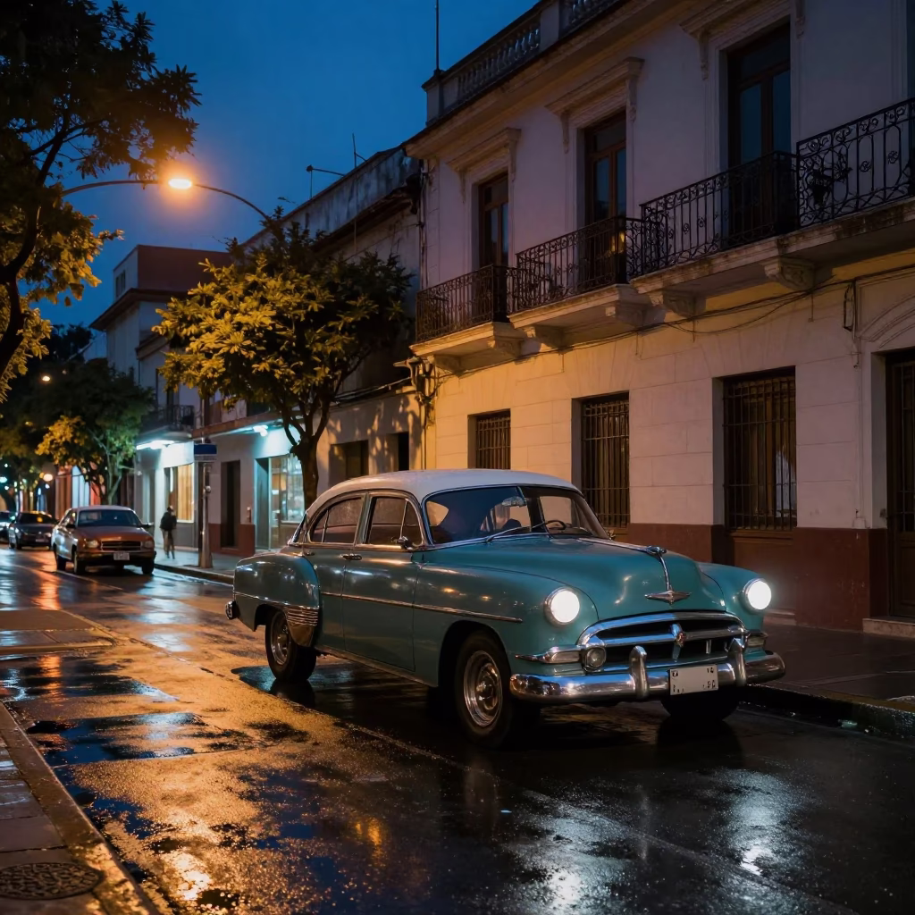 Midnight Street Scene in Buenos Aires Argentina with Vintage Car and Neon Lights in in Buenos Aires, Argentina