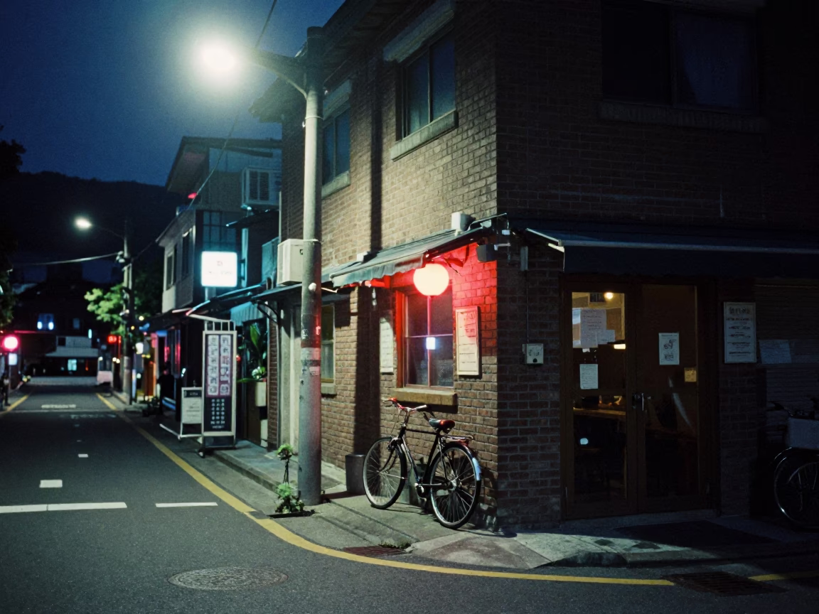Midnight Street Scene in Busan South Korea with Bicycle and Neon Lights in in Busan, South Korea