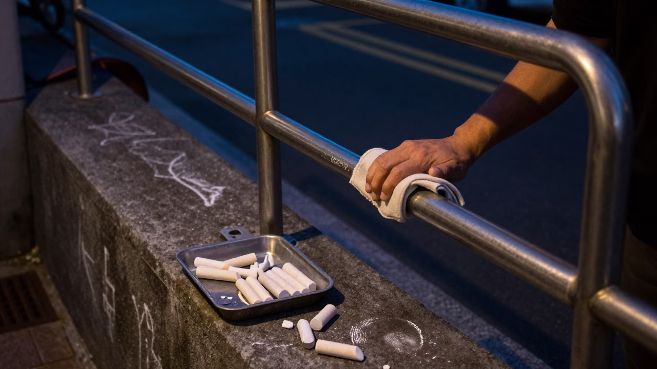 Midnight Street Scene in Busan South Korea with Fingerprinted Metal and Chalk Tray in in Busan, South Korea