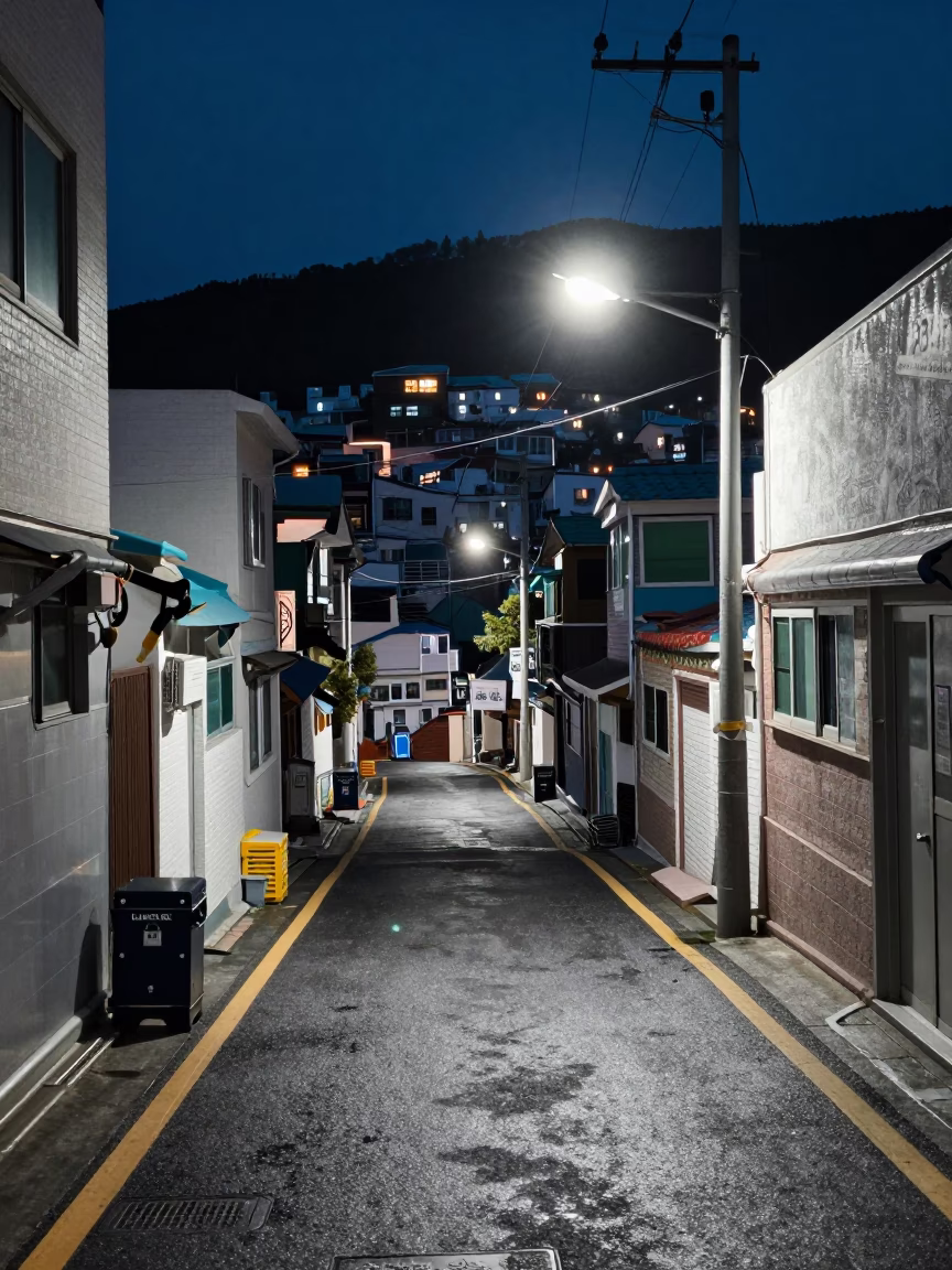 Midnight Street Scene in Busan South Korea with Lockbox and Urban Details in in Busan, South Korea