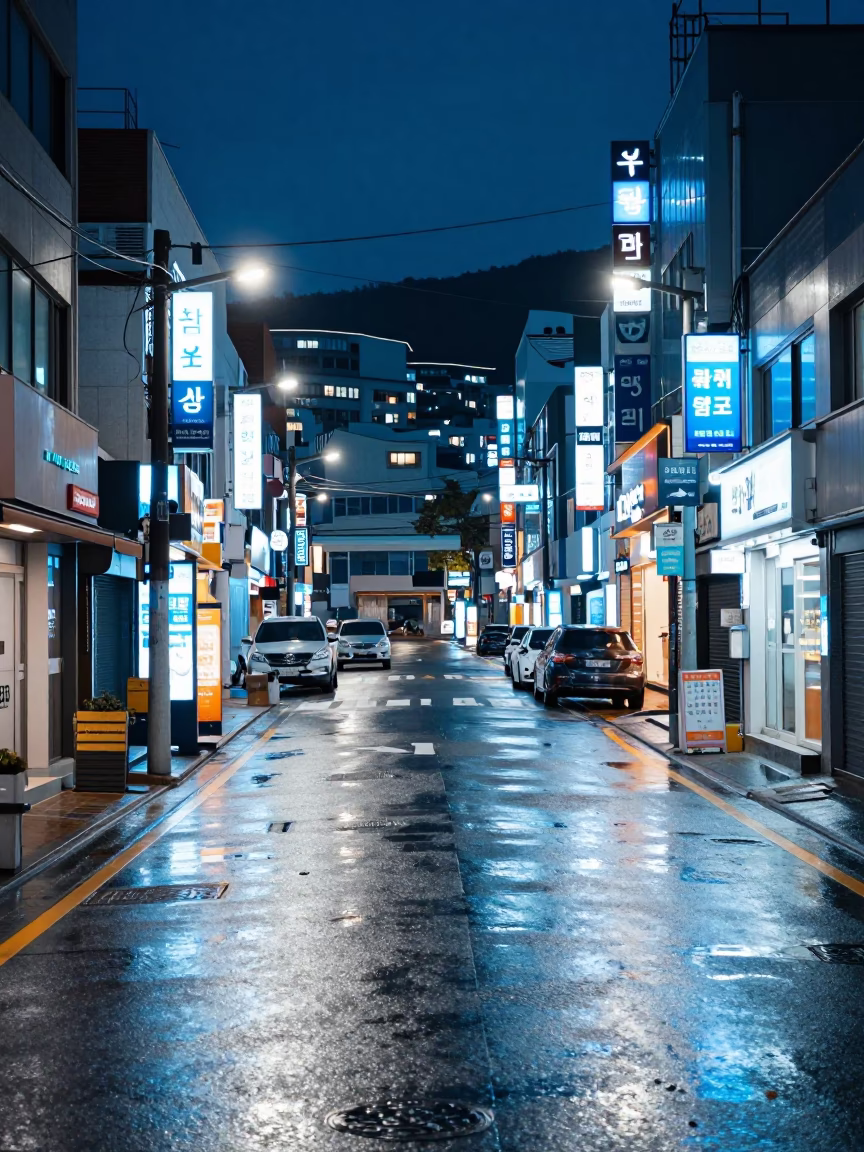 Midnight Street Scene in Busan South Korea with Neon Lights and Urban Details in in Busan, South Korea