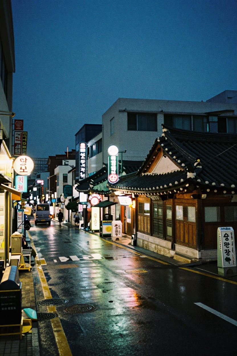Midnight Street Scene in Busan South Korea with Vintage Neon Signs and Traditional Architecture in in Busan, South Korea