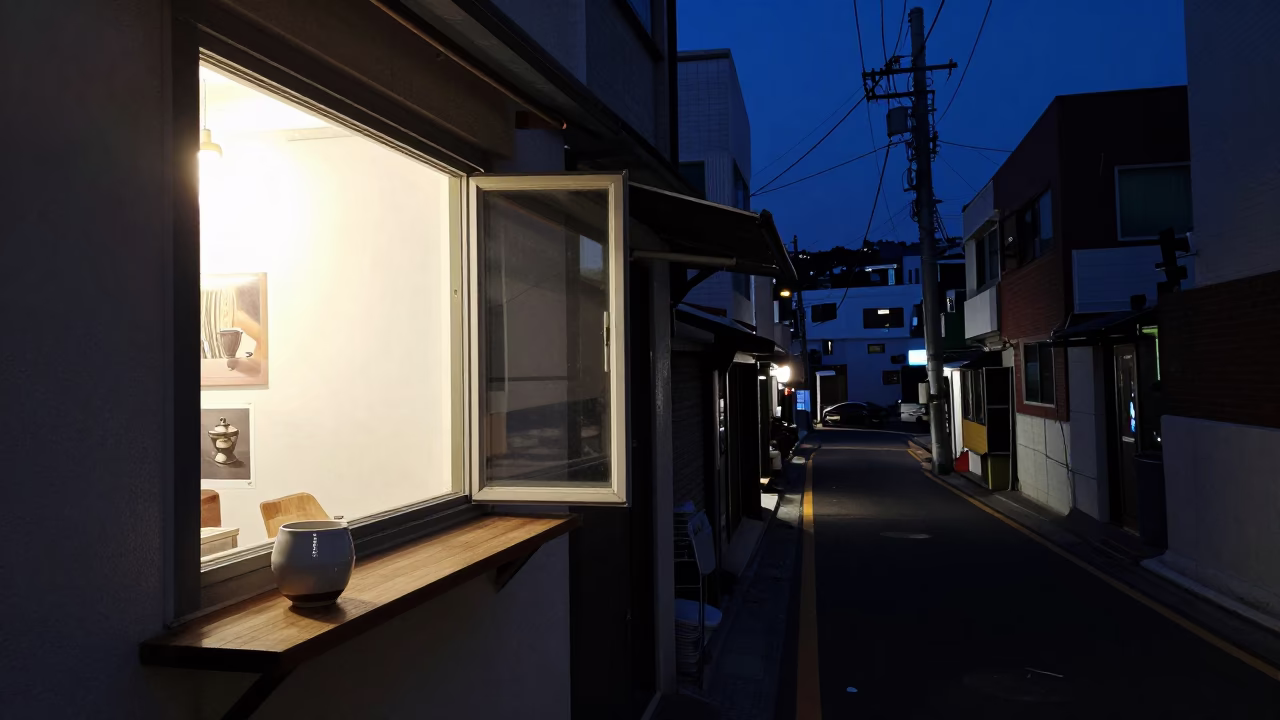 Midnight Street Scene in Busan South Korea with Window Light and Ceramic Cup in in Busan, South Korea