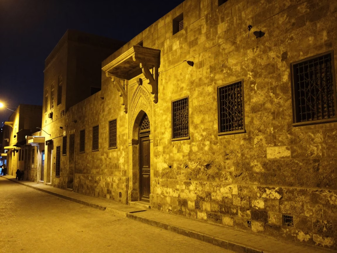 Midnight Street Scene in Cairo Egypt with Stone Architecture and Night Lighting in in Cairo, Egypt